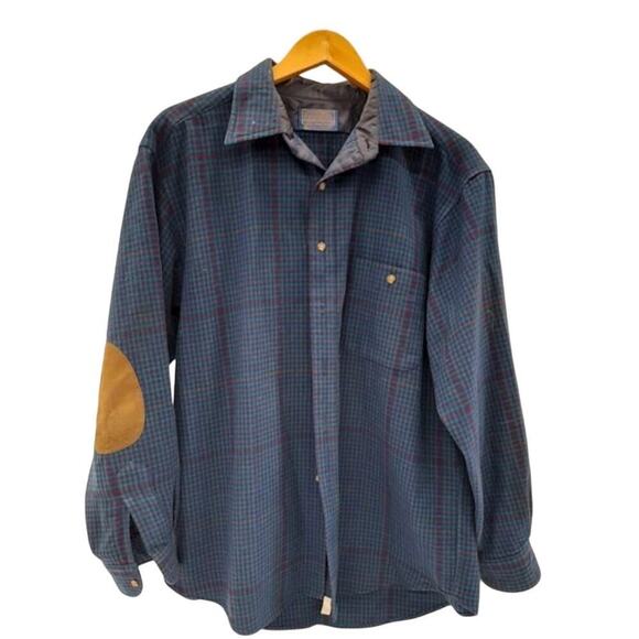 Vintage Pendleton MEN'S ELBOW-PATCH TRAIL SHIRT‎ Blue Plaid - L Wool - Picture 1 of 3